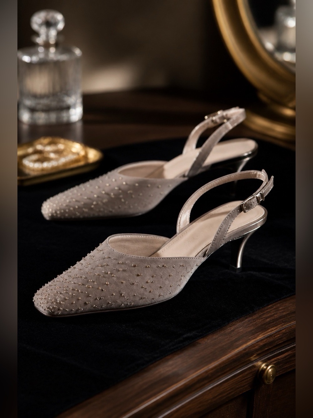Nine West Pewter Satin Beaded Sling Backs